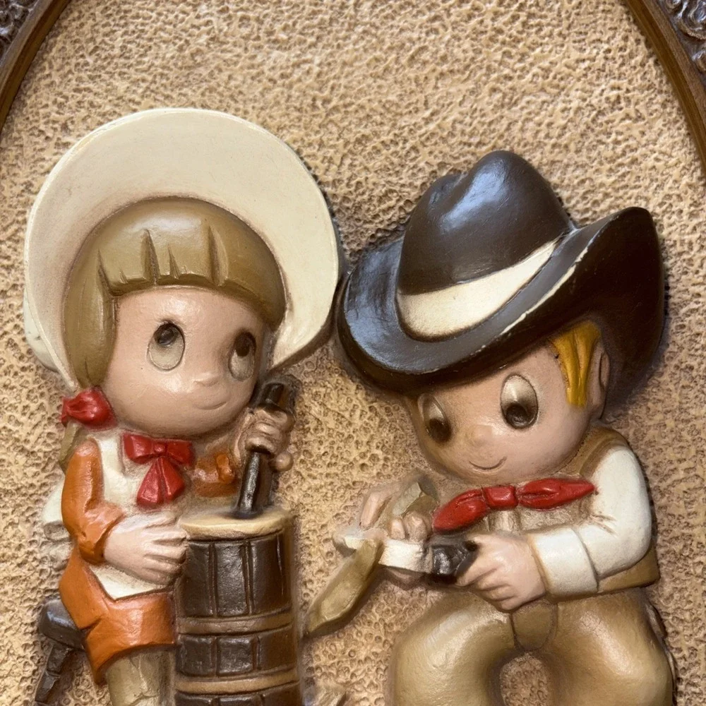 Vintage Pair of 2 Homco Hubbell Oval Wall Plaques with Cute Cowboy & Cowgirl